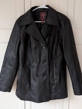 G-III women's vintage black genuine leather peacoat jacket